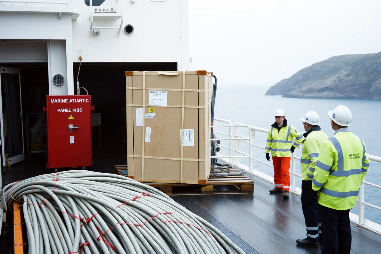 Crated electrical panelboard and conduit on ferry truck deck (Newfoundland and Labrador remote electrical work, pricing travel and logistics costs)