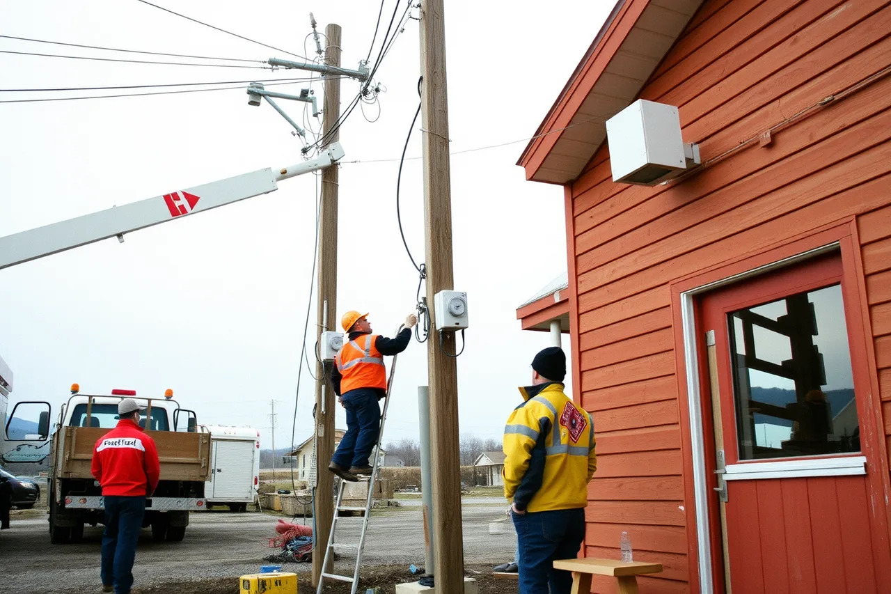 Utility crew making final service connection at remote building (Newfoundland and Labrador remote electrical work, pricing travel and logistics costs)